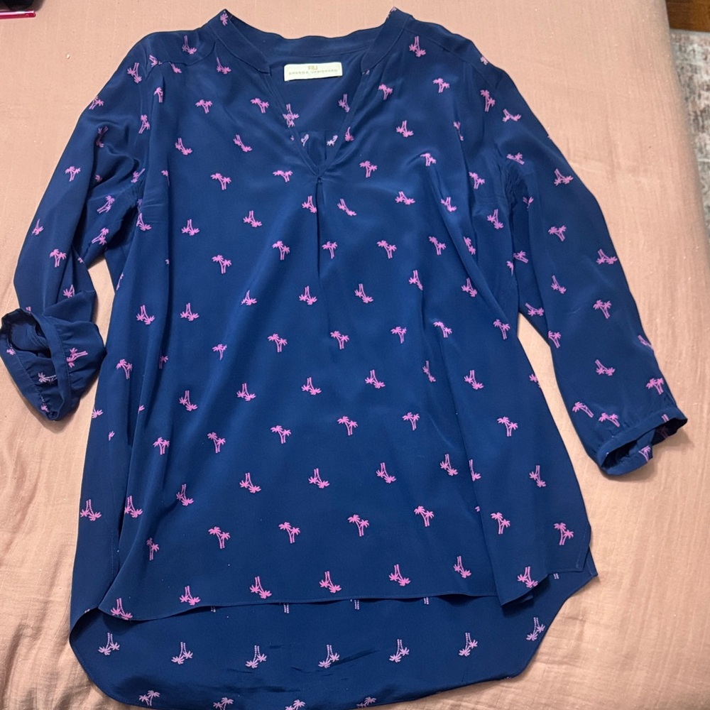 Amanda Uprichard NavyBlue Palm Tree Print Women's Silk Top